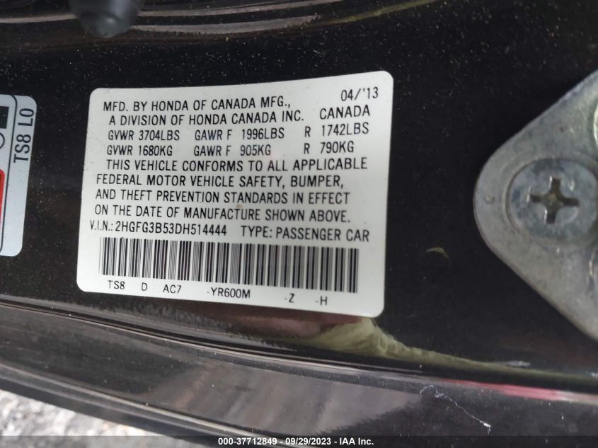2013 HONDA CIVIC CPE LX 2HGFG3B53DH514444