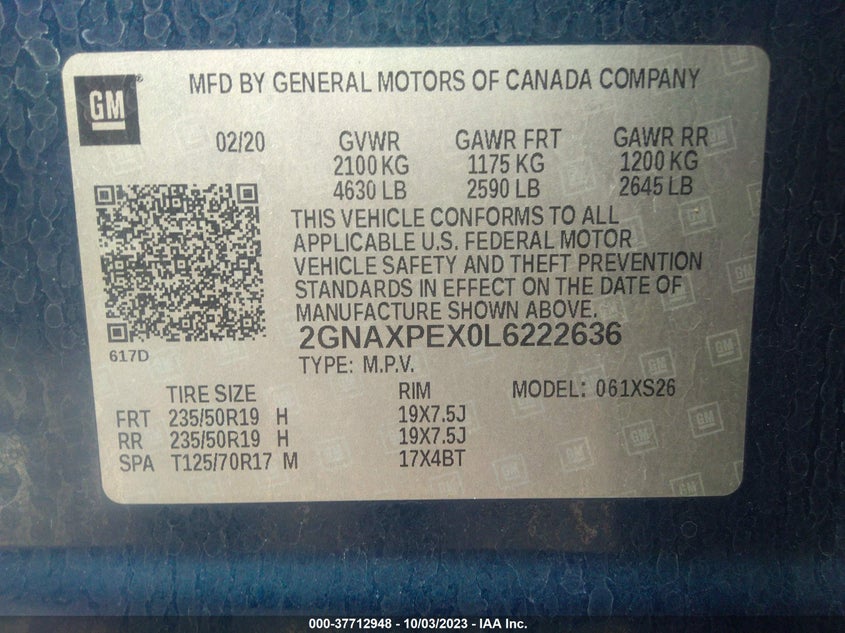 VIN 2GNAXPEX0L6222636 2020 CHEVROLET EQUINOX PREMIER