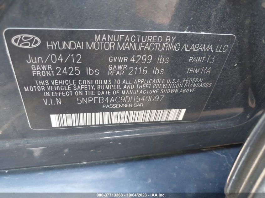 2013 HYUNDAI SONATA GLS - 5NPEB4AC9DH540097