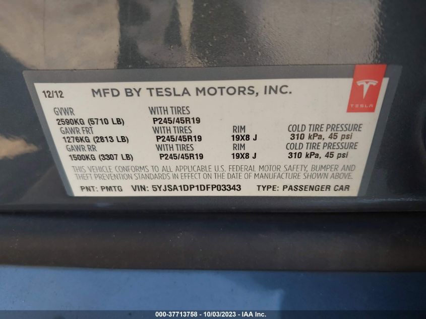 2013 TESLA MODEL S PERFORMANCE - 5YJSA1DP1DFP03343