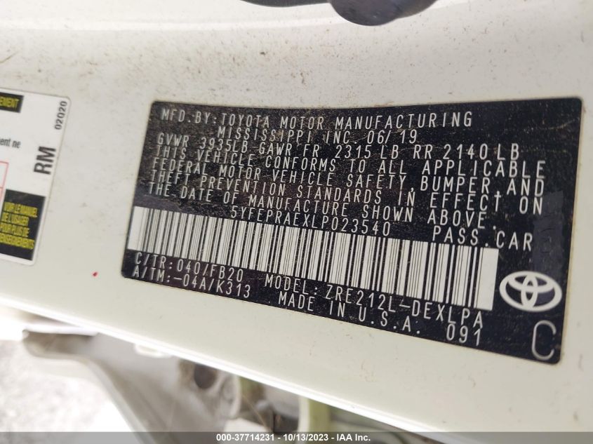 VIN 5YFEPRAEXLP023540 2020 TOYOTA COROLLA LE