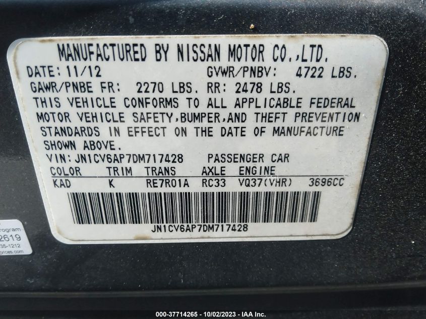 2013 INFINITI G37 SEDAN JOURNEY JN1CV6AP7DM717428
