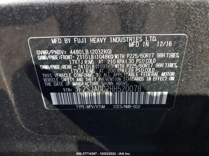 VIN JF2SJAGC2HH520078 2017 SUBARU FORESTER 2.5I PREMIUM