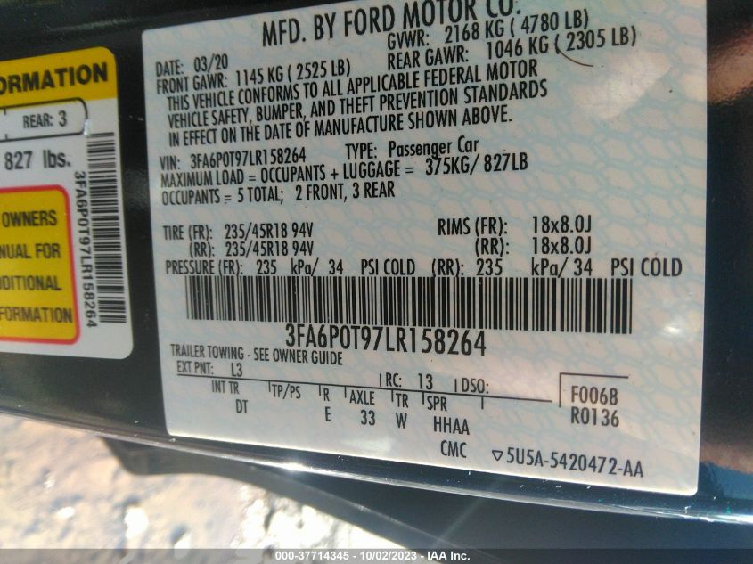 3FA6P0T97LR158264 Ford Fusion SE 9