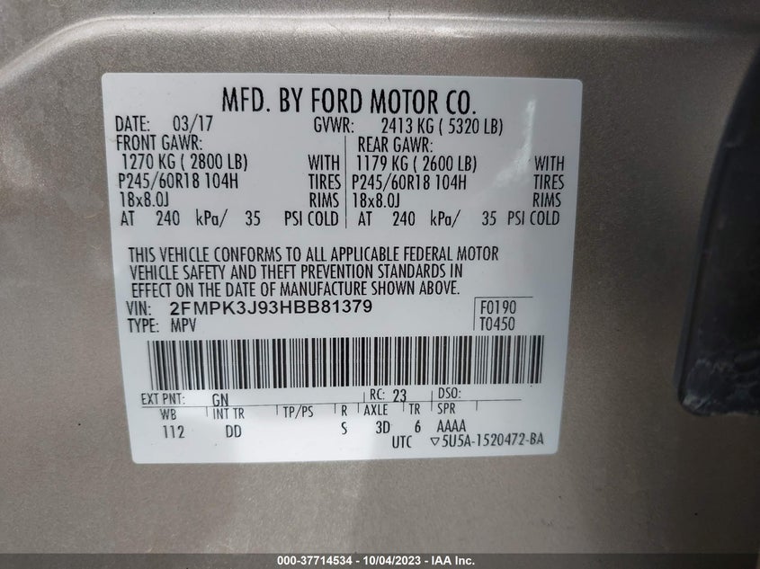 VIN 2FMPK3J93HBB81379 2017 FORD EDGE SEL