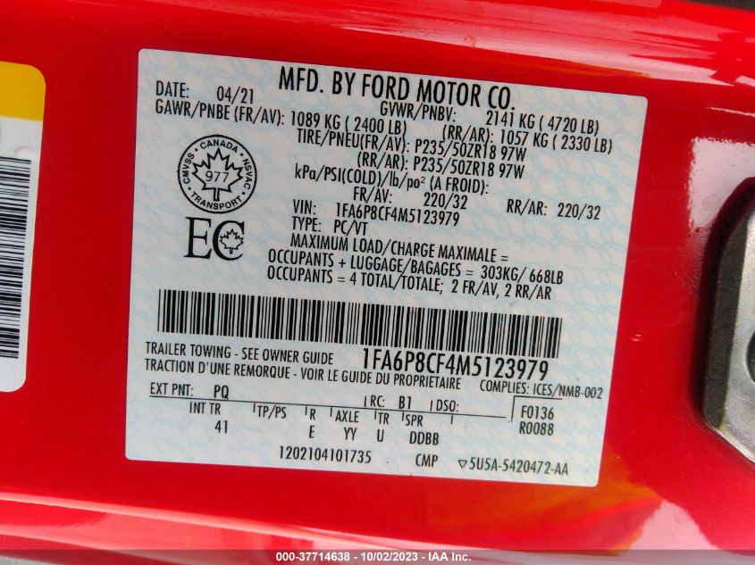 2021 FORD MUSTANG GT - 1FA6P8CF4M5123979