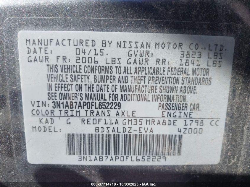 2015 NISSAN SENTRA SR/SL/S/SV/FE+ S - 3N1AB7AP0FL652229