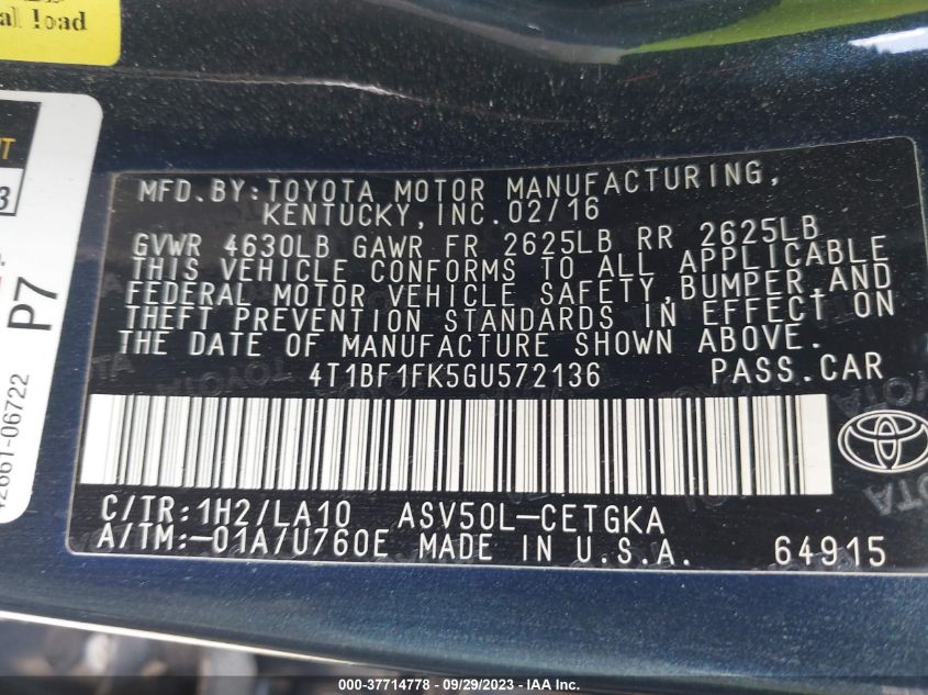 2016 TOYOTA CAMRY LE - 4T1BF1FK5GU572136