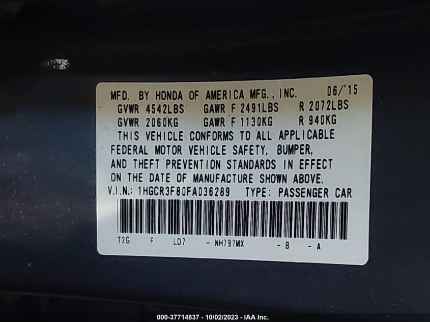 2015 HONDA ACCORD SEDAN EX-L - 1HGCR3F80FA036289