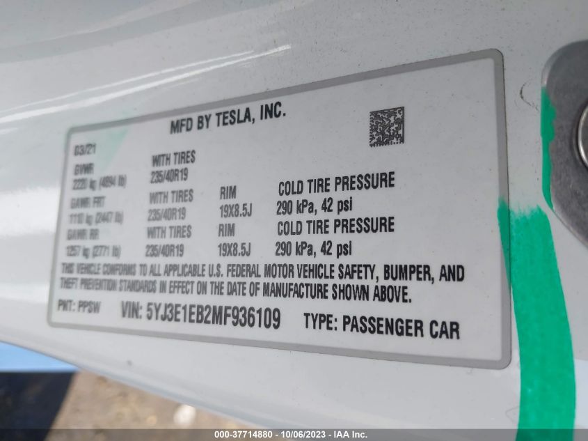 2021 TESLA MODEL 3 LONG RANGE - 5YJ3E1EB2MF936109