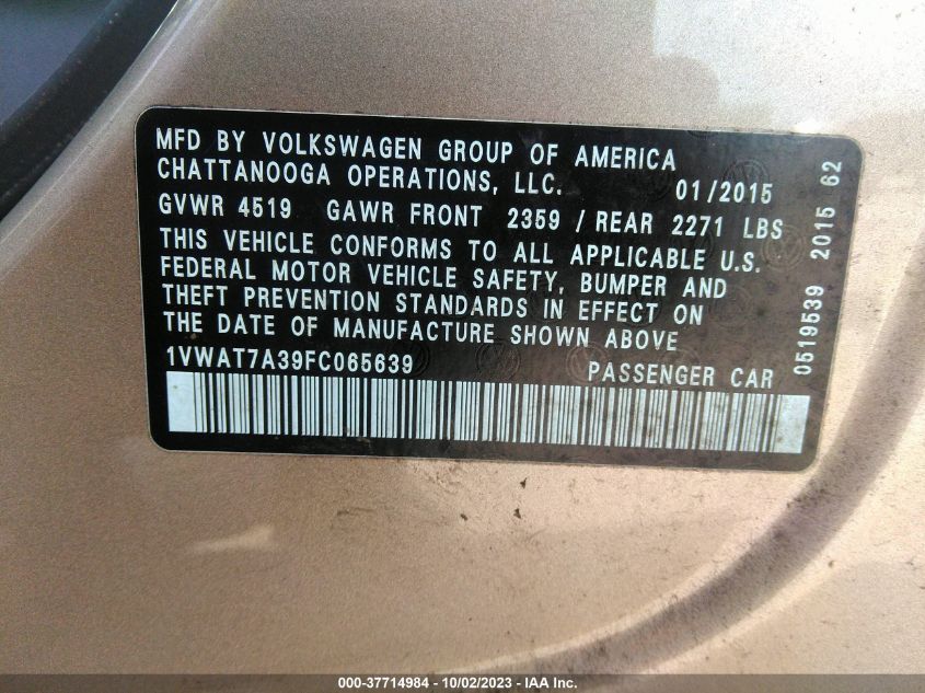 2015 VOLKSWAGEN PASSAT 1.8T WOLFSBURG ED - 1VWAT7A39FC065639