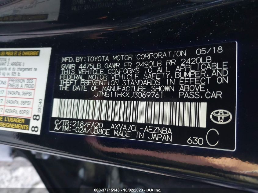 2018 TOYOTA CAMRY L/LE/XLE/SE/XSE - JTNB11HKXJ3069761
