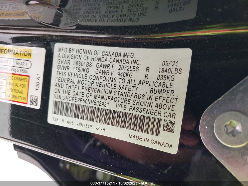 2HGFE2F50NH532931 Honda Civic Sedan SPORT 9