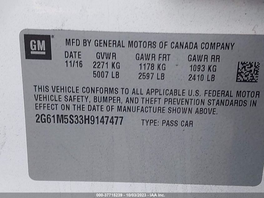 VIN 2G61M5S33H9147477 2017 CADILLAC XTS LUXURY