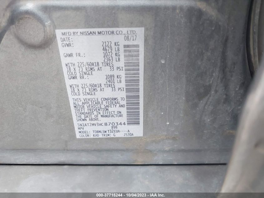 2017 NISSAN ROGUE SV/SL - 5N1AT2MV3HC870344