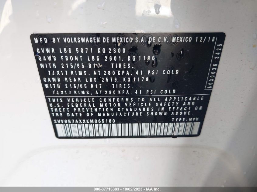 2019 VOLKSWAGEN TIGUAN S - 3VV0B7AXXKM065180