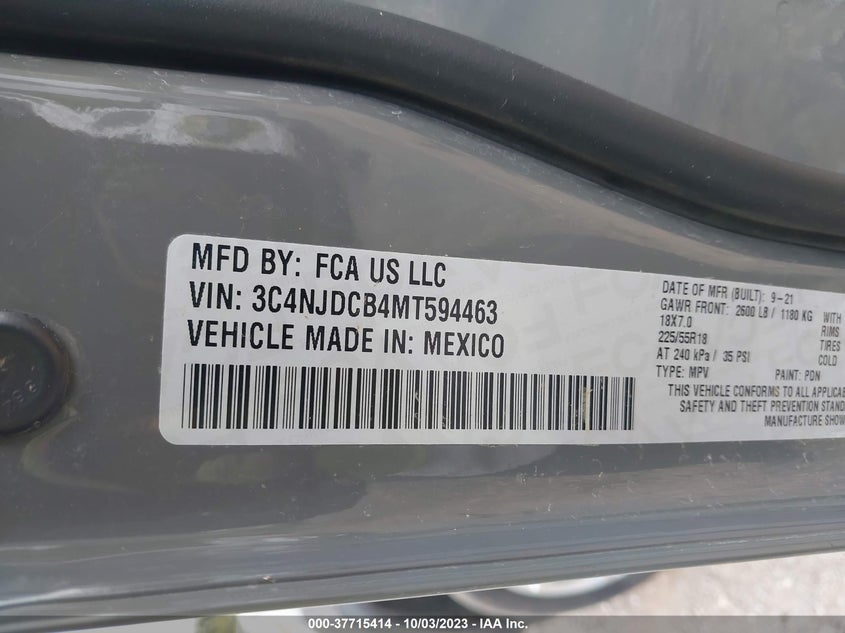 VIN 3C4NJDCB4MT594463 2021 JEEP COMPASS LIMITED