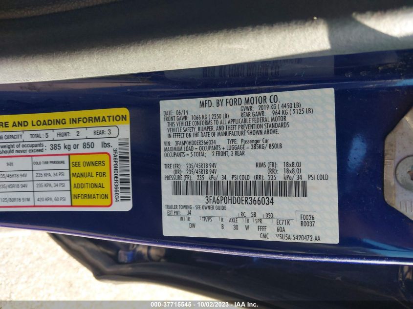 2014 FORD FUSION SE - 3FA6P0HD0ER366034