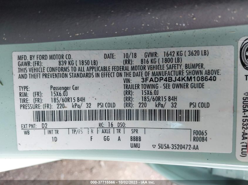 2019 FORD FIESTA SE - 3FADP4BJ4KM108640