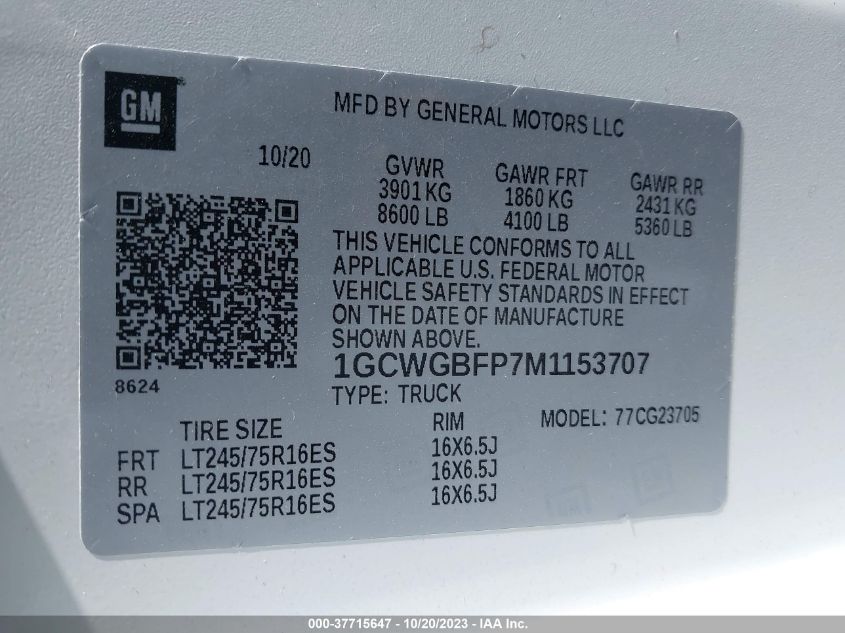 2021 CHEVROLET EXPRESS CARGO RWD 2500 EXTENDED WHEELBASE WT 1GCWGBFP7M1153707