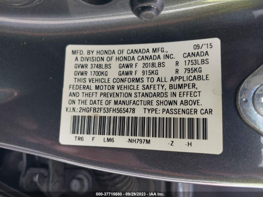 2015 HONDA CIVIC SEDAN LX - 2HGFB2F53FH565478