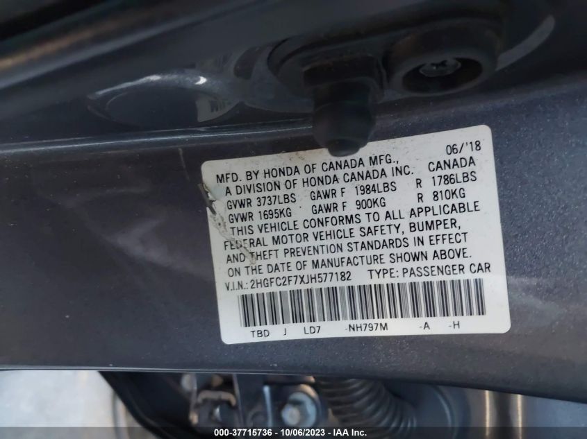 2018 HONDA CIVIC SEDAN EX - 2HGFC2F7XJH577182