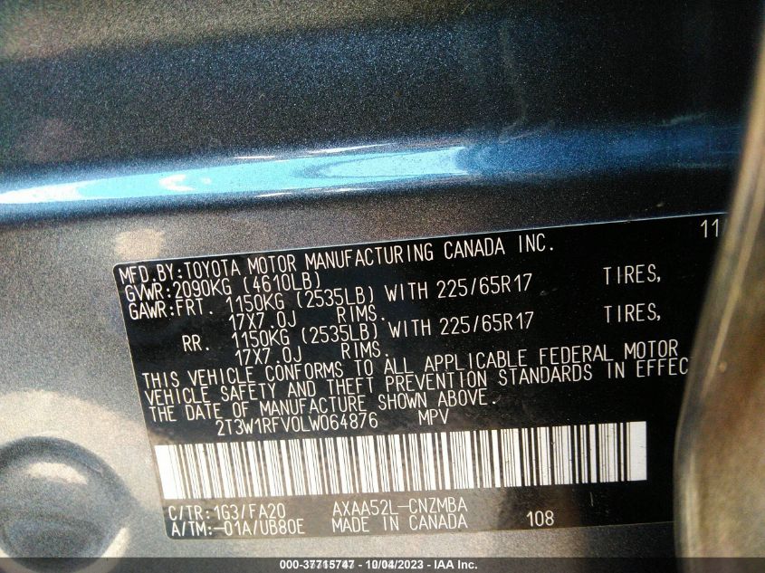 2020 TOYOTA RAV4 XLE - 2T3W1RFV0LW064876