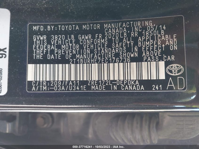 2014 TOYOTA COROLLA L/LE/S/S PLUS/LE PLUS - 2T1BURHE7EC176736