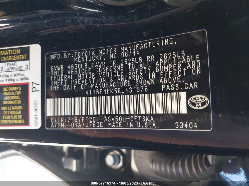 2014 TOYOTA CAMRY L/LE/XLE/SE/SE SPORT - 4T1BF1FK5EU431578