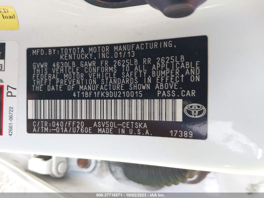 2013 TOYOTA CAMRY L/SE/LE/XLE - 4T1BF1FK9DU210015