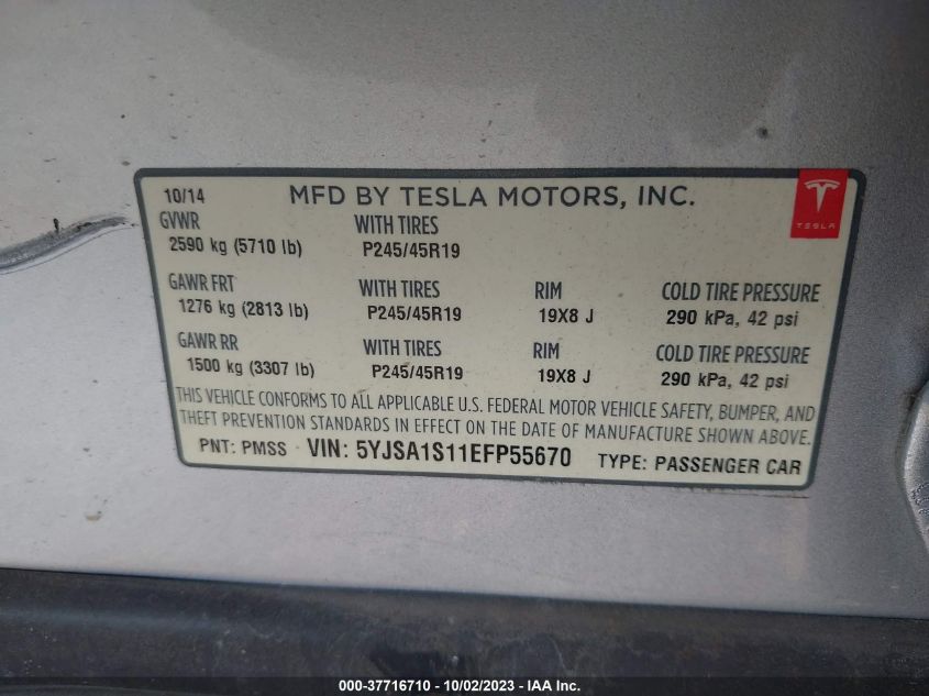 2014 TESLA MODEL S 60 KWH BATTERY - 5YJSA1S11EFP55670
