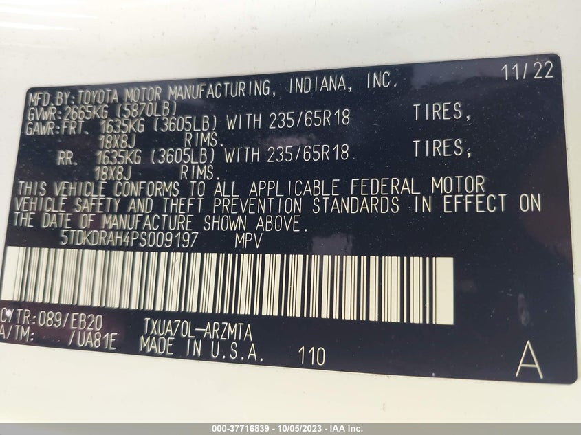 VIN 5TDKDRAH4PS009197 2023 TOYOTA HIGHLANDER L/LE/XLE/XSE/LIMITED