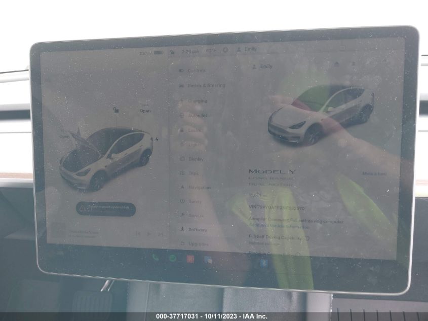 VIN 7SAYGAEE2NF522570 2022 TESLA MODEL Y
