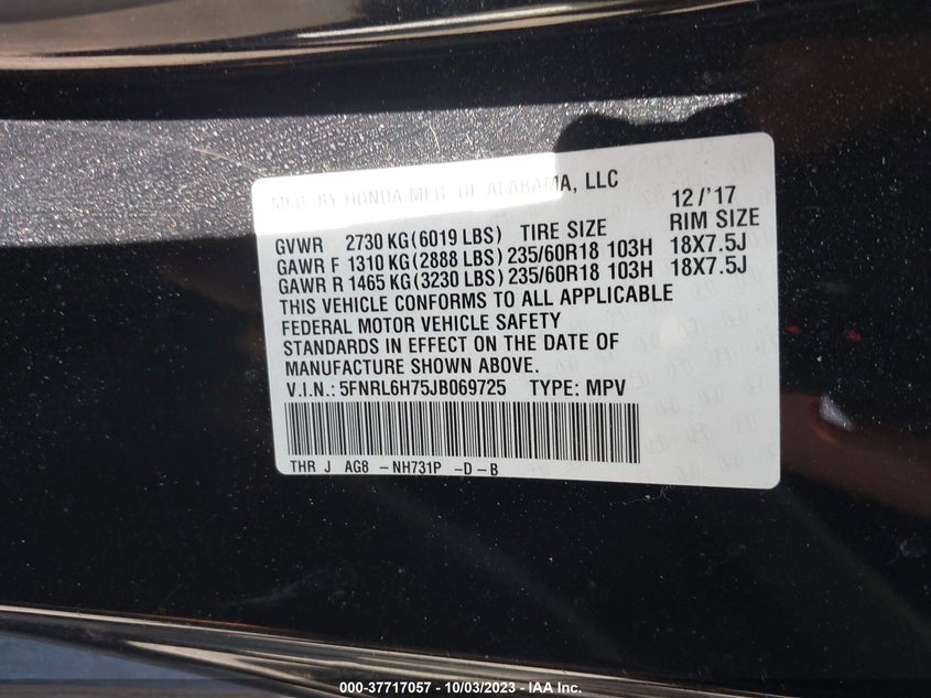 VIN 5FNRL6H75JB069725 2018 HONDA ODYSSEY EX-L