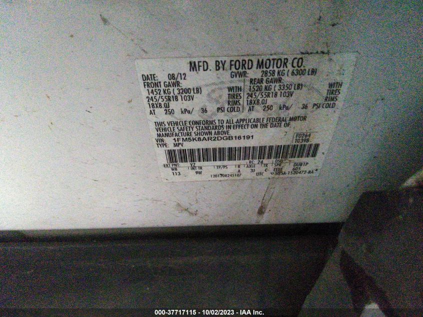 2013 FORD UTILITY POLICE 1FM5K8AR2DGB16191