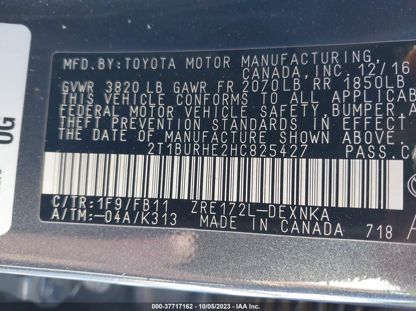 VIN 2T1BURHE2HC825427 2017 TOYOTA COROLLA L/LE/XLE/SE