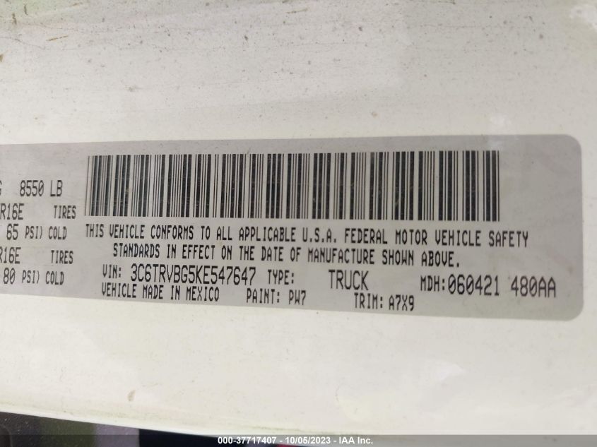 2019 RAM PROMASTER 1500 136" WB 3C6TRVBG5KE547647