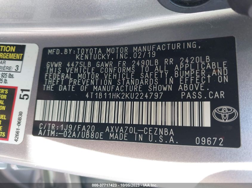 2019 TOYOTA CAMRY LE/SE/XLE/L - 4T1B11HK2KU224797