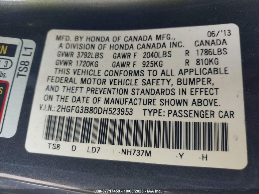 2013 HONDA CIVIC CPE EX 2HGFG3B80DH523953