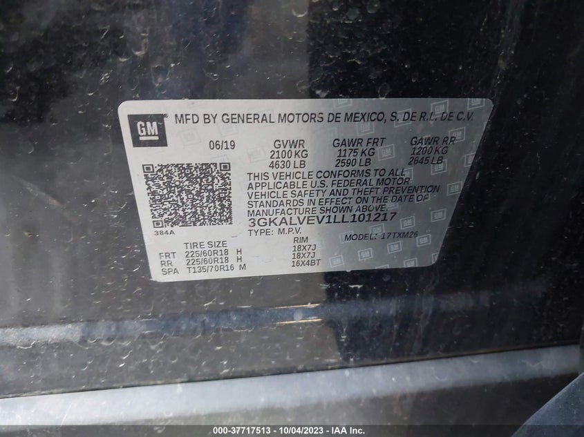 VIN 3GKALVEV1LL101217 2020 GMC TERRAIN SLT
