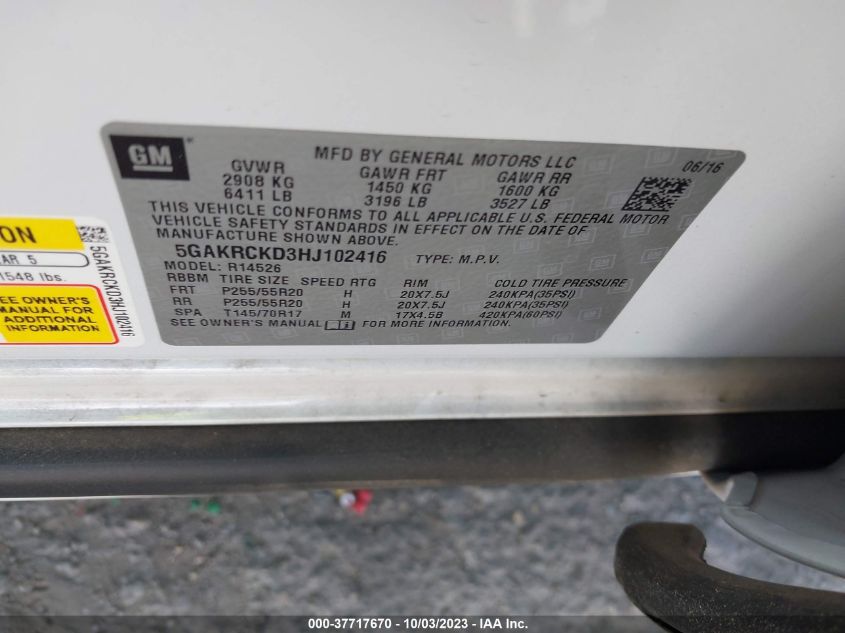 2017 BUICK ENCLAVE - 5GAKRCKD3HJ102416