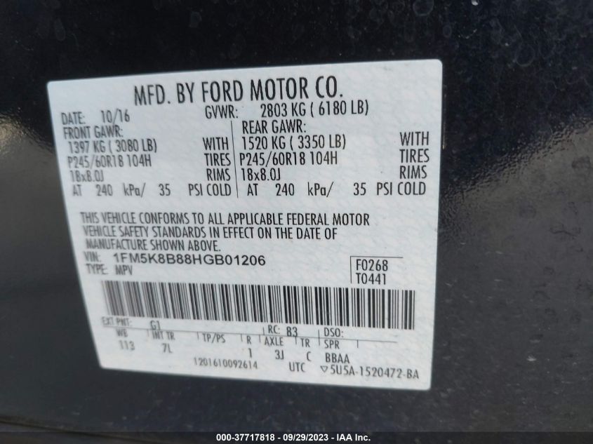 2017 FORD EXPLORER BASE - 1FM5K8B88HGB01206