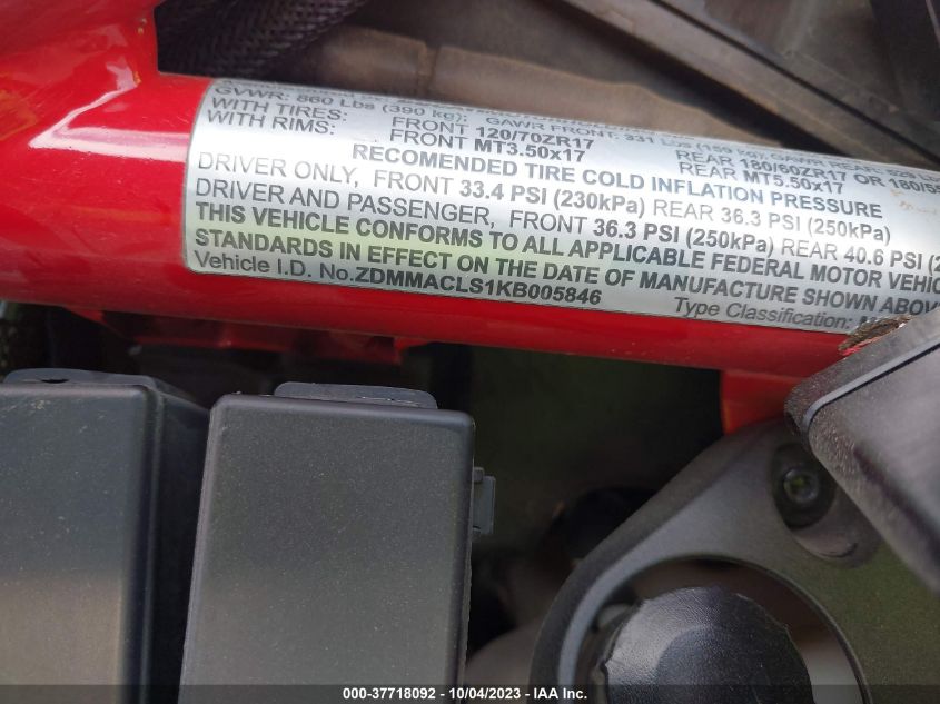 2019 DUCATI MONSTER 821 ZDMMACLS1KB005846