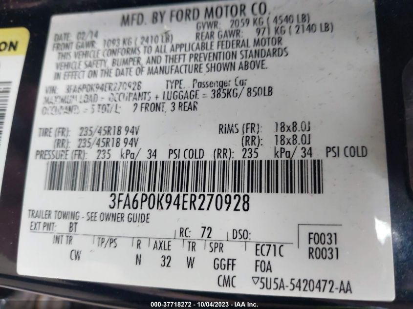 2014 FORD FUSION TITANIUM - 3FA6P0K94ER270928