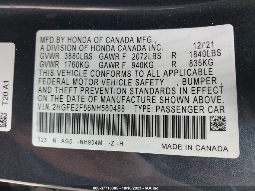 2HGFE2F56NH560488 Honda Civic Sedan SPORT 9