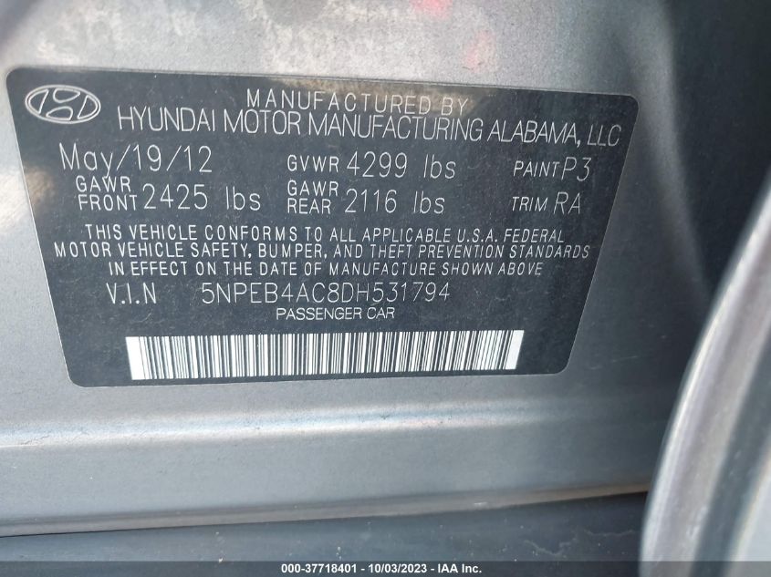 2013 HYUNDAI SONATA GLS PZEV - 5NPEB4AC8DH531794