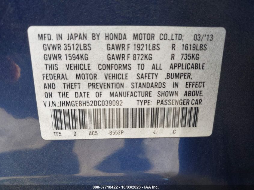 2013 HONDA FIT SPORT - JHMGE8H52DC039092