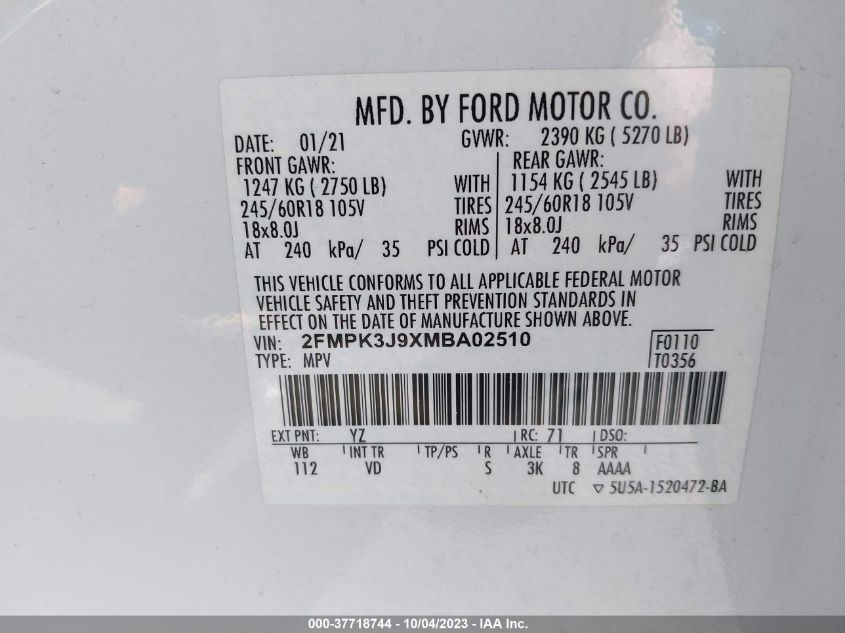 2021 FORD EDGE SEL - 2FMPK3J9XMBA02510