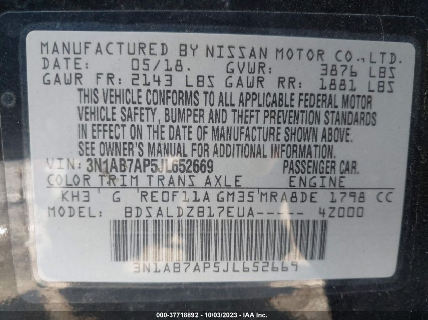 2018 NISSAN SENTRA S/SV/SR/SL - 3N1AB7AP5JL652669