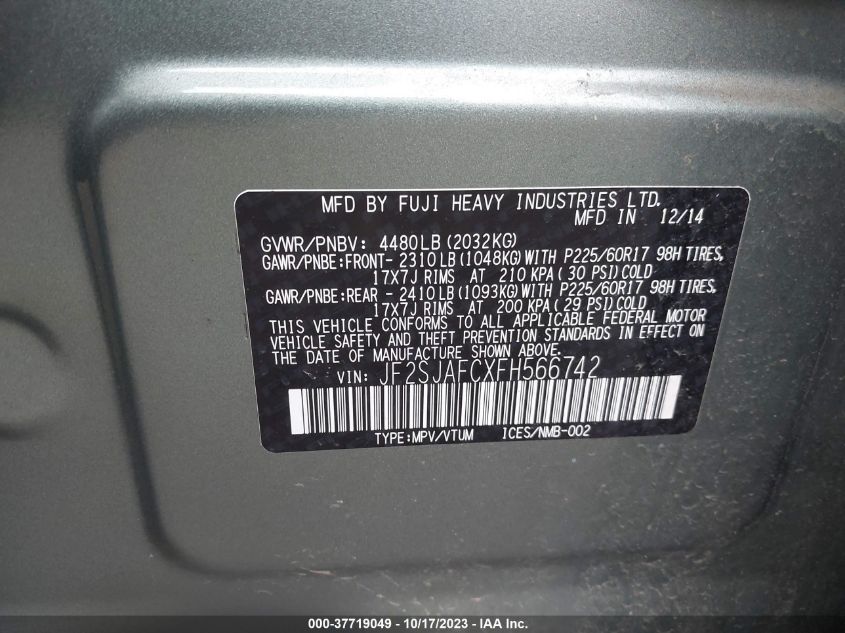 2015 SUBARU FORESTER 2.5I PREMIUM - JF2SJAFCXFH566742